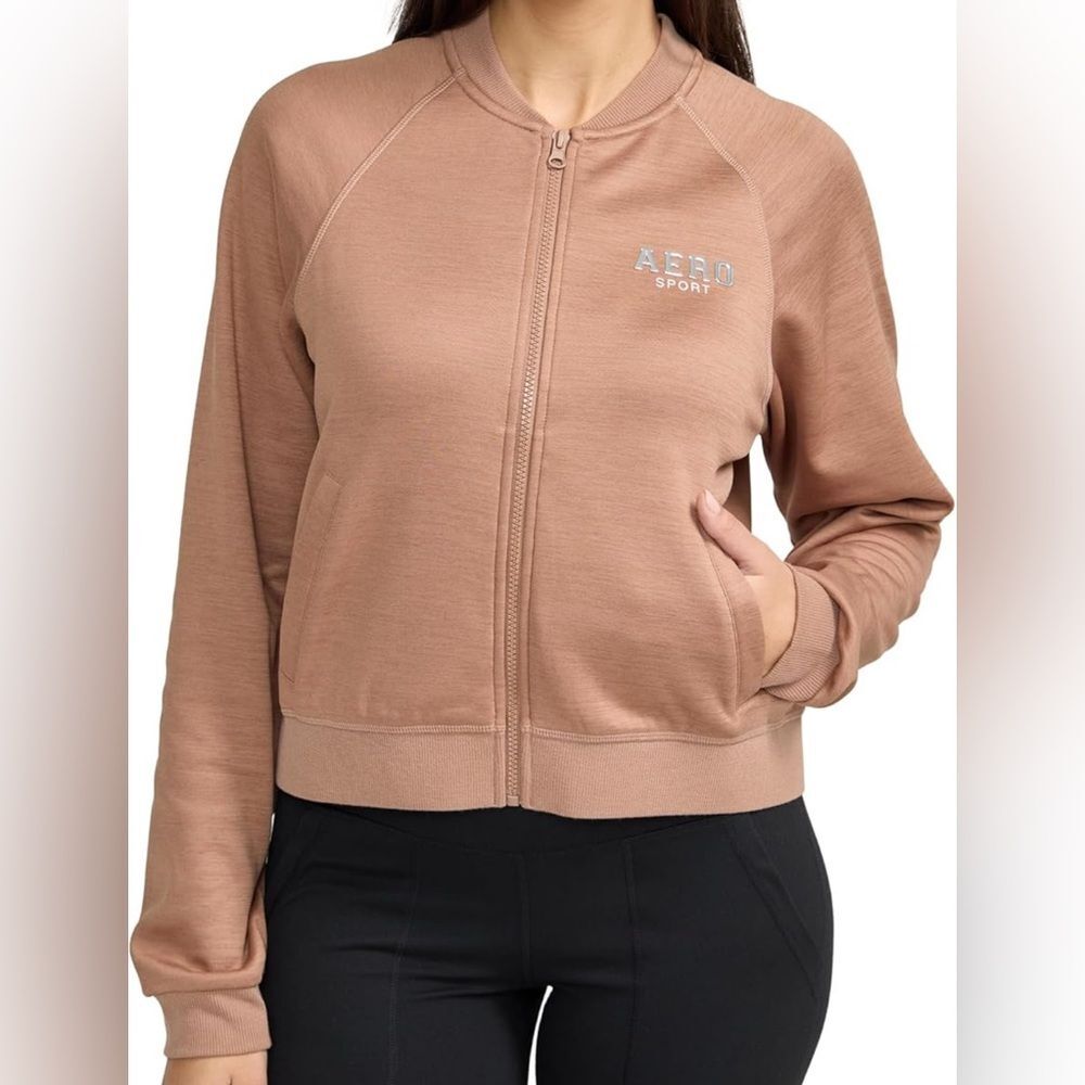 Aero Sport brown fleece lined zip up athletic bomber jacket size large NWT